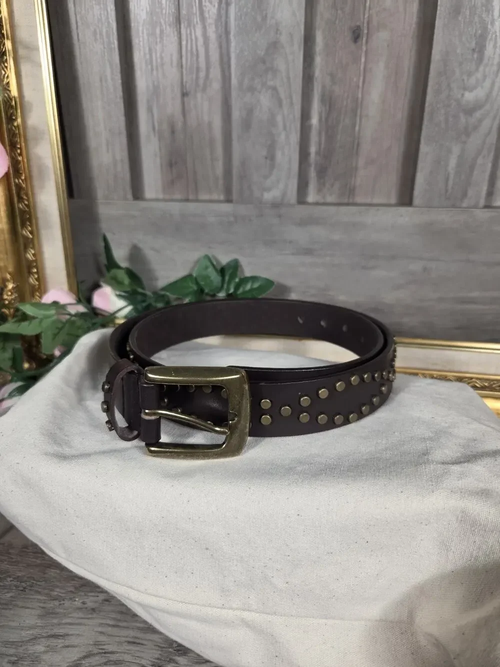 Studded Brown Genuine Bonded Leather Belt XL Antique Brass Buckle Western Moto